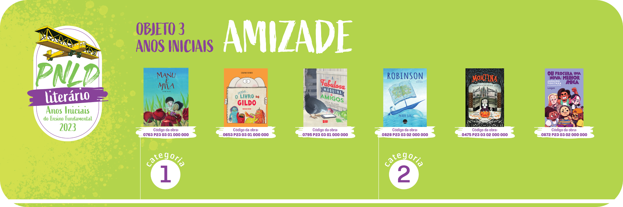 Banner na cor verde com bordas arredondadas onde constam as obras do objeto 3 anos iniciais com a temtica Amizade divididas em duas categorias. Obras da categoria 1: Manu e Mila; O incrvel livro do Gildo; A Fabulosa Mquina de amigos. Obras da categoria 2: Robinson; Mortina; Oli procura uma (nova) melhor amiga.