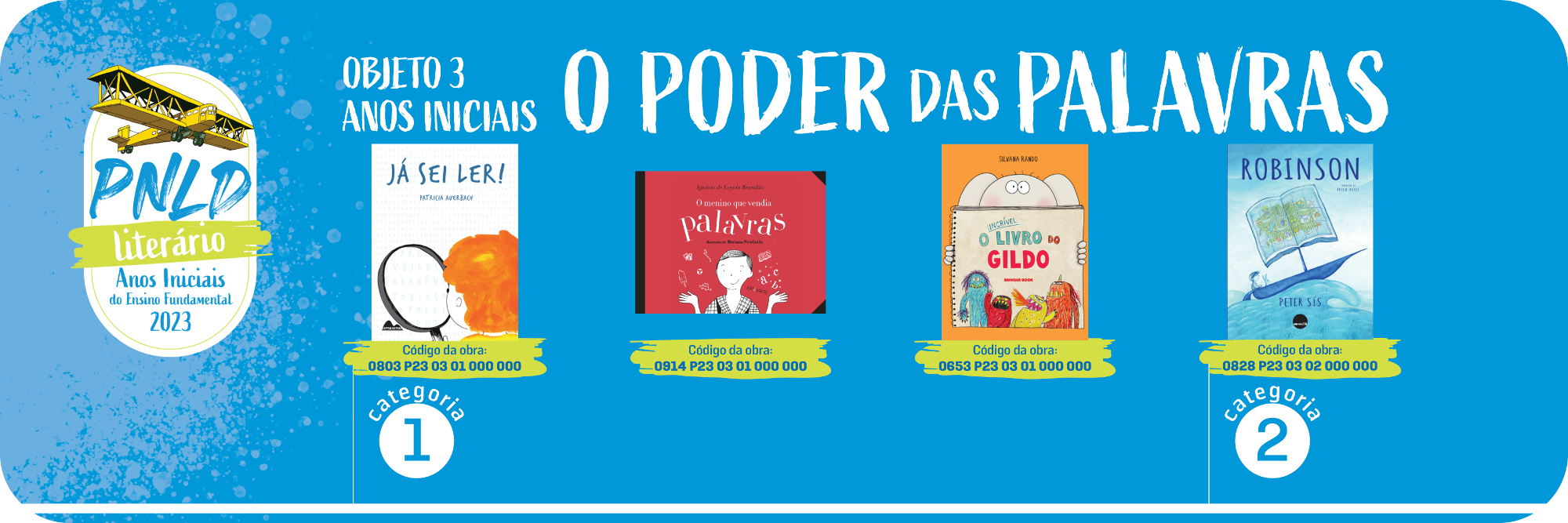 Banner na cor azul claro com bordas arredondadas onde constam as obras do objeto 3 anos iniciais com a temtica O poder das palavras divididas em duas categorias. Obras da categoria 1: J sei ler!; O menino que vendia palavras; O incrvel livro do Gildo. Obra da categoria 2: Robinson.