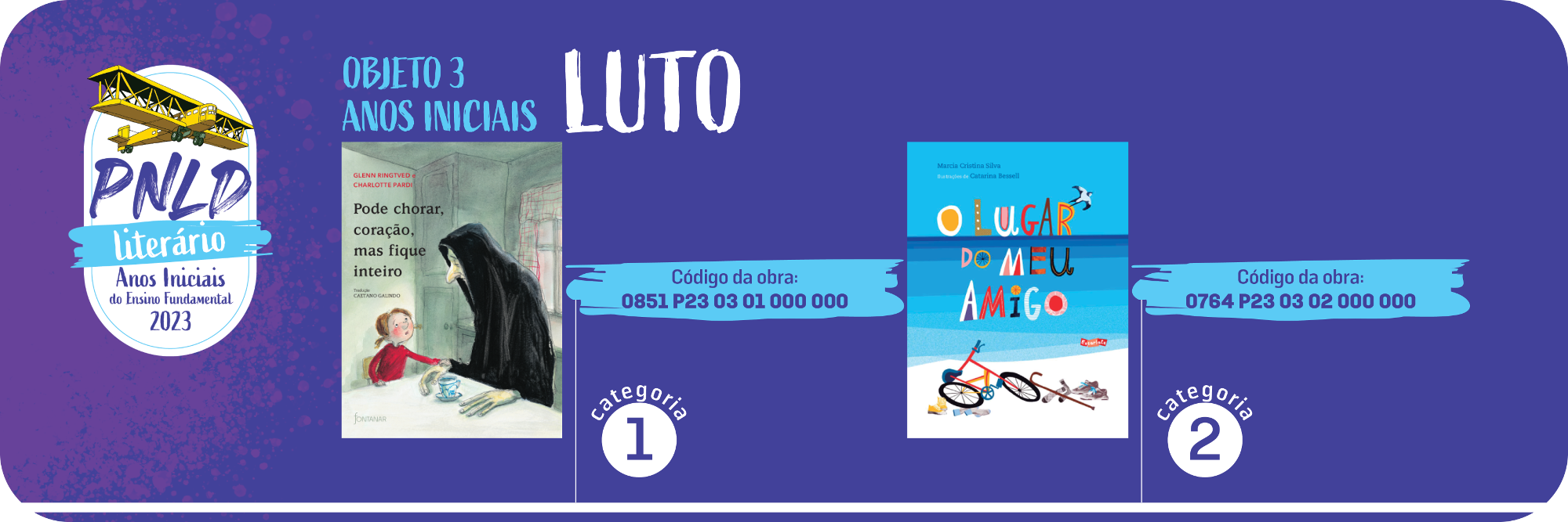 Banner na cor roxo escuro com bordas arredondadas onde constam as obras do objeto 3 anos iniciais com a temtica Luto divididas em duas categorias. Obra da categoria 1: Pode chorar, corao, mas fique inteiro. Obra da categoria 2: O lugar do meu amigo.